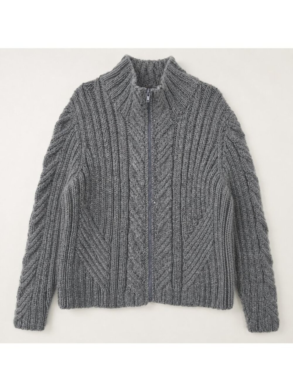 Hand Knit Wool Blend Cable Knit Full Zip Cardigan Sweater Gray Chunky Grandpa L
